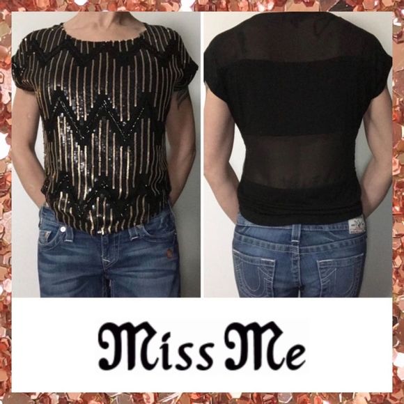 Miss Me Tops - Miss Me Black Gold Sequin Sheer Back Top Small S